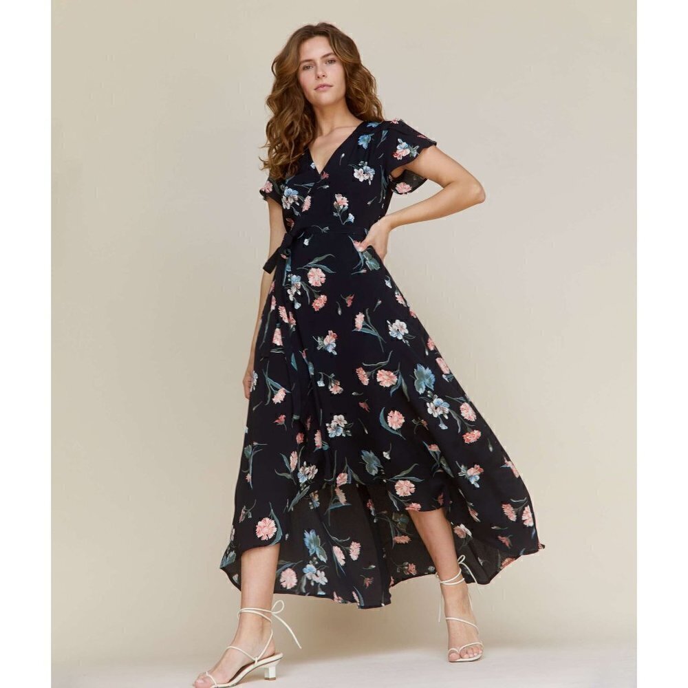 Christy Dawn The Autumn Floral Print Short Sleeve Wrap Dress Navy Blue Size S